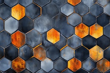 Poster - Watercolor Hexagon Pattern Design - Abstract geometric design, modern hexagon shapes, metallic texture, rusty orange accents, contemporary art. Symbolizing: structure, technology, industry, artistry