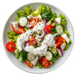 Fresh Greek salad with yogurt dressing served on a plate, perfect for a healthy meal at any time of day, Portion of fresh greek salad dressed with yogurt