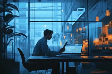 Poster - Young man focuses on his digital tablet while working in a modern coworking space during evening hours, young man with a digital tablet works in a coworking center
