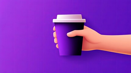 Aufkleber - human hand is holding a purple coffee cup with a white lid against a solid purple background.