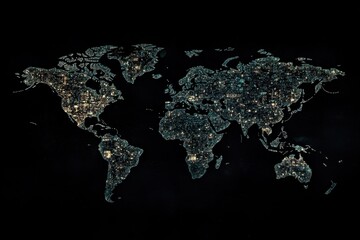 Poster - Financial data processing illustrated over a global map with a dark background highlighting key areas, financial data processing over world map on black background