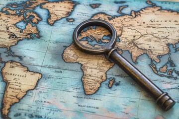 Poster - Key icon representing data processing on a world map highlighting global connectivity and information exchange, key icon and data processing over world map