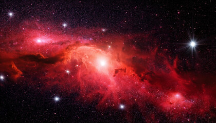 a bright red nebula of deep space with shining stars