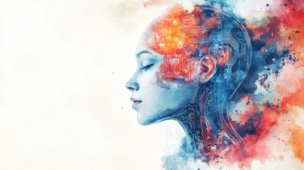 Poster - Woman With Circuitry Brain - Watercolor portrait of a woman with her brain replaced by circuitry, representing AI or technological advancement