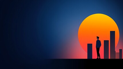 Aufkleber - Person stands near graphical bars with large sun visible against a gradient blue and orange background.