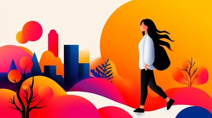 Aufkleber - person walking through abstract landscape with colorful hills, buildings and a large yellow sun in t