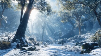 Poster - Sunlight pierces through snow laden forest creating a magical scene