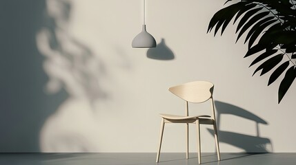 Poster - A modern chair and lamp with leafy shadows are depicted