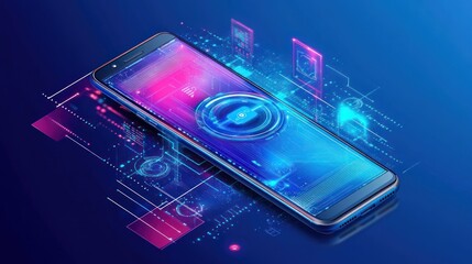 Poster - Futuristic smartphone displaying digital interface on its screen surface