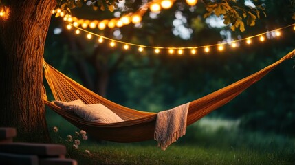 Aufkleber - A hammock hangs under string lights between two trees