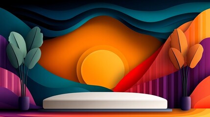 Aufkleber - platform showcasing vibrant artwork with layered shapes and potted plants against colorful backgroun