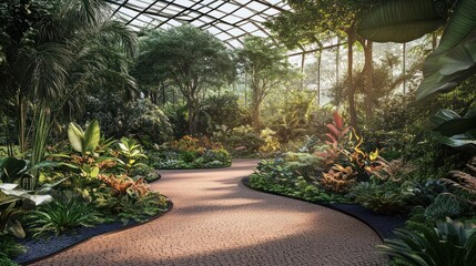 Poster - Serene tropical greenhouse featuring lush vegetation and winding pathway