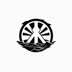 Aufkleber - Black and white logo design graphic illustration wheel water waves vector art simple modern minimalist icon
