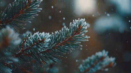 Poster - Snowy pine branch with frost in natural light