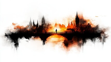 Aufkleber - silhouette figure walks across a bridge toward a glowing city skyline in a digital illustration with