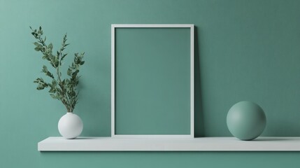 Poster - Minimalist green interior scene with frame vase and sphere