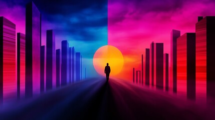 Poster - Silhouette figure walks towards the sun between symmetrical columns under a multicolored sky.