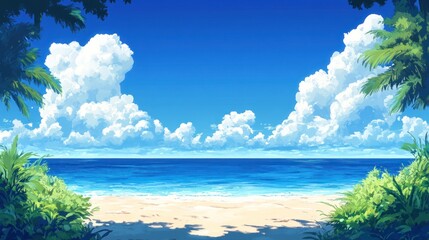 Aufkleber - Anime style seascape with clouds and tropical beach vegetation