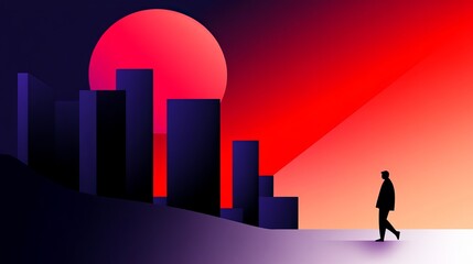 Aufkleber - silhouette of a man walks toward the bright, red sunrise near dark buildings in the minimalistic ill