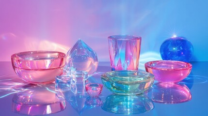 Poster - Iridescent crystal glassware sparkles against blue and pink gradient backdrop