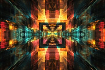 Poster - Cool abstract mirror framed geometric fractal pattern in vibrant colors with dynamic depth and perspective, Cool Abstract Mirror Framed Geometric Fractal ing Background