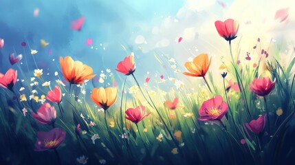 Poster - Colorful wildflowers gently sway in a bright dreamy sunny meadow
