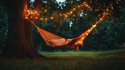 Poster - Hammock and pillow strung between trees decorated with string lights