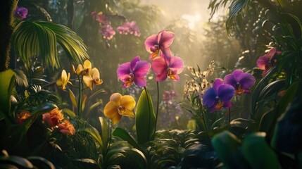 Poster - Vivid orchids bloom amid lush tropical foliage in golden light