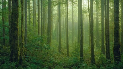 Poster - Sunlight filters through a lush green dense pacific northwest forest