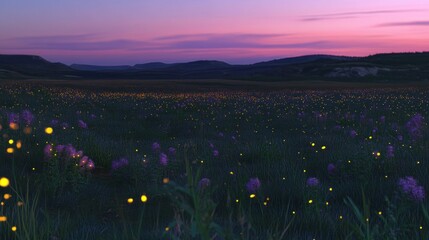 Fototapete - Fireflies illuminate a field of wildflowers under a dusky sky