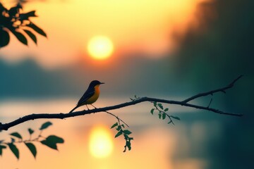 Poster - Yellow wagtail perches on branch against vibrant sunset over water in serene landscape, yellow wagtail sitting on a branch at sunset