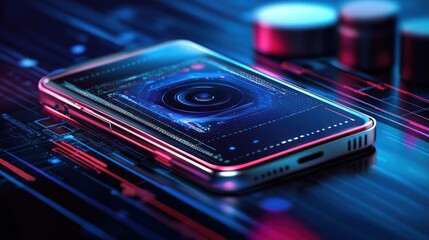 Poster - Smartphone displays a glowing digital interface against a futuristic background