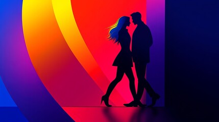 Aufkleber - silhouetted couple walks with a colorful gradient arching behind them, creating a vibrant contrast a