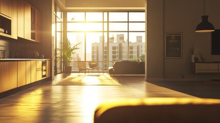 Poster - Sunlight bathes a modern apartment interior with a golden glow