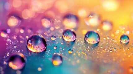 Poster - Water droplets on a vibrant surface reflect colorful light