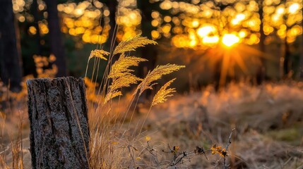 Poster - Golden sunset illuminates tall grasses and old wooden fence post