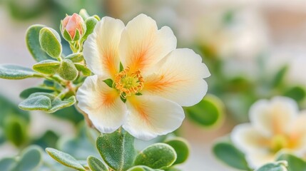 Poster - Creamy white rockrose flower displays delicate orange veining and bud