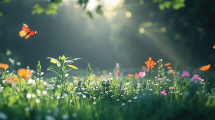 Poster - A beautiful meadow with wildflowers and a flying butterfly