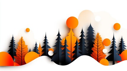 Aufkleber - Stylized forest illustration features orange sun and dark blue and orange trees layered on a white background.