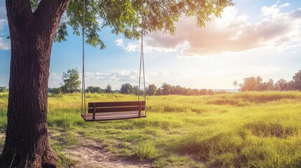 Poster - Swing hanging from a tree overlooking grassy meadow landscape