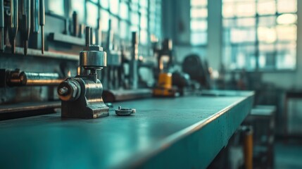 Poster - Machinist workbench with metal tools in a workshop environment