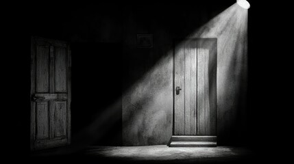 Poster - A wooden door and an open door in a dark room