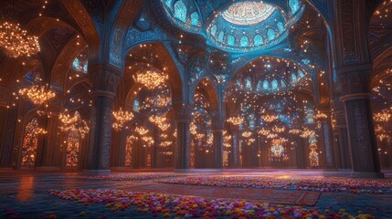 Poster - Opulent mosque interior is illuminated by shimmering golden chandeliers
