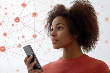 Poster - Networking connections displayed with African American woman using smartphone for communication, network of connections with icons over african american female doctor