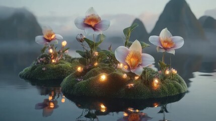 Poster - Magical flowers blooming on mossy islands in a serene lake