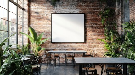 Poster - Interior space featuring brick wall framed art and plants