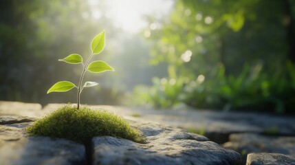 Poster - Small green sprout growing on moss covered stone surface