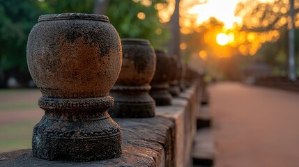 Poster - Stone pillars creating a railing captured against a golden sunset setting