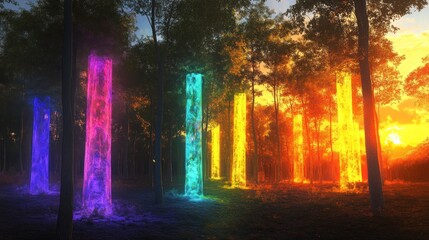 Poster - Tall columns of spectral light populate a forest landscape