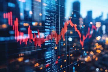Poster - Financial data processing illustrated over a vibrant cityscape at dusk showcasing market trends and analytics, financial data processing over cityscape